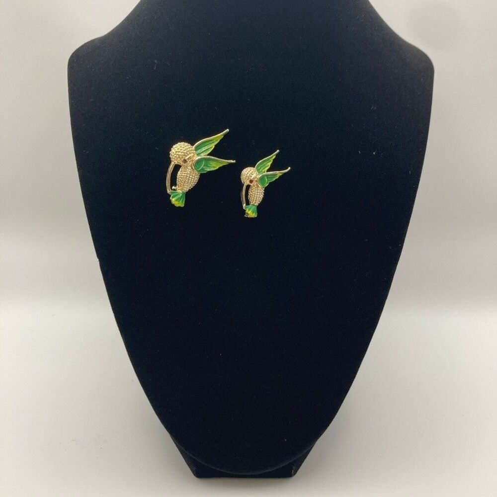 Gerry Vintage Hummingbird‎ Pin Set of 2 Gold Tone Green/Yl Enamel Rhinestone
